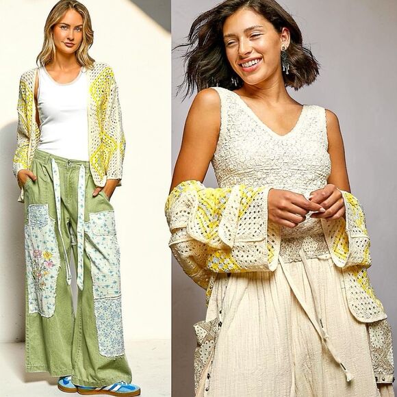 POL Crochet Granny Square Cardigan Yellow Boho Festival Layering NEW - Picture 2 of 11